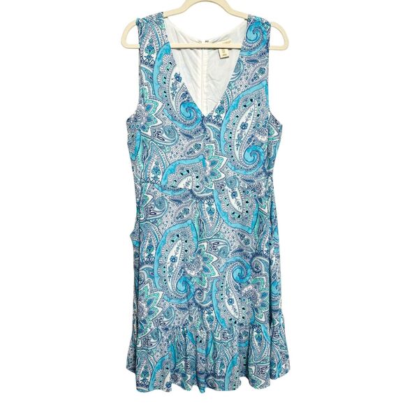 Cynthia Rowley Retro Paisley Dress Sz 12 Blue Sleeveless Pockets Ruffle Hem - Picture 2 of 8
